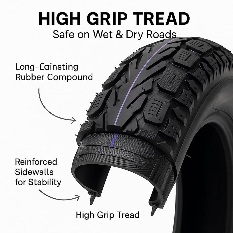 Fukukawa إطار دراجة كهربائية FUKUKAWA مقاس 16×2.50 – إطار بديل بدون أنبوب (Tubeless) للدراجات الكهربائية والسكوترات، يتميز بنقشة مداس عميقة 1 سم، جدار جانبي قوي، يعمل بضغط 40–55 PSI (2.8–3.8 بار)، ويوفر تماسكًا عاليًا وأداءً موثوقًا - Image 4