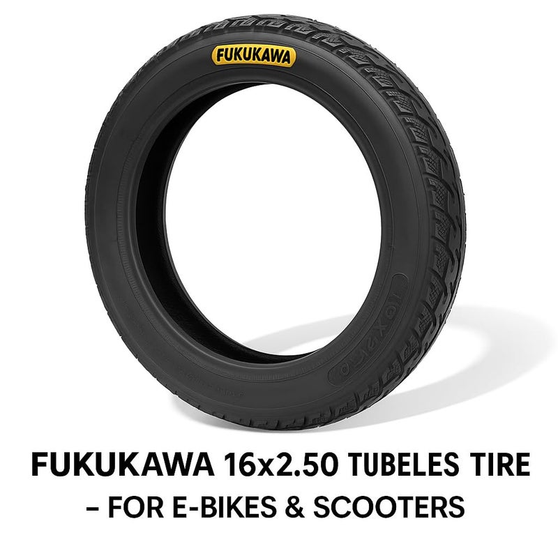 Fukukawa إطار دراجة كهربائية FUKUKAWA مقاس 16×2.50 – إطار بديل بدون أنبوب (Tubeless) للدراجات الكهربائية والسكوترات، يتميز بنقشة مداس عميقة 1 سم، جدار جانبي قوي، يعمل بضغط 40–55 PSI (2.8–3.8 بار)، ويوفر تماسكًا عاليًا وأداءً موثوقًا - Image 2