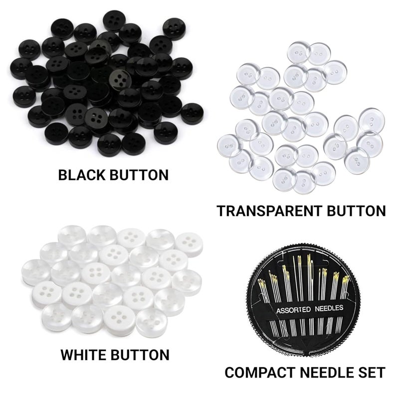 CLEZARO CLEZARO Buttons Combo 100 White 100 Black and 100 Transparent Button with 1 Pcs Compact Assorted Needle Set Ideal for Shirts Blouse Sewing and Dress Making H189 - Image 2