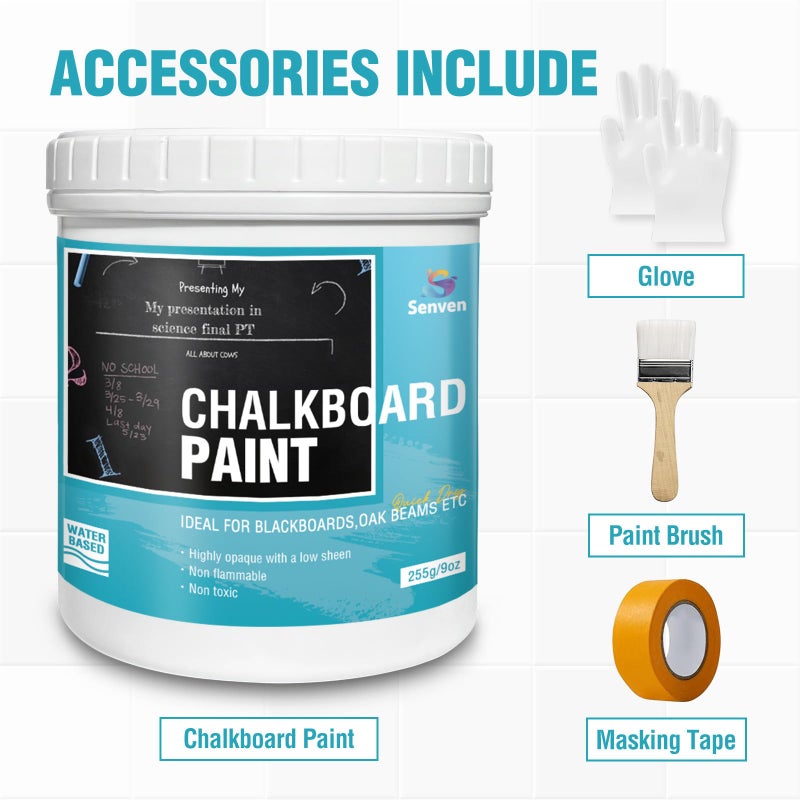 SENVEN Chalkboard Paint Black Chalk Board Paint for Wood, Metal, Glass, Wall, Plaster Boards Sign, Frame, Interior/Exterior, All-in-One Primer & Top Coat, Black Matte Finish, Acrylic, Non-Toxic, 250g, 9oz - Image 3