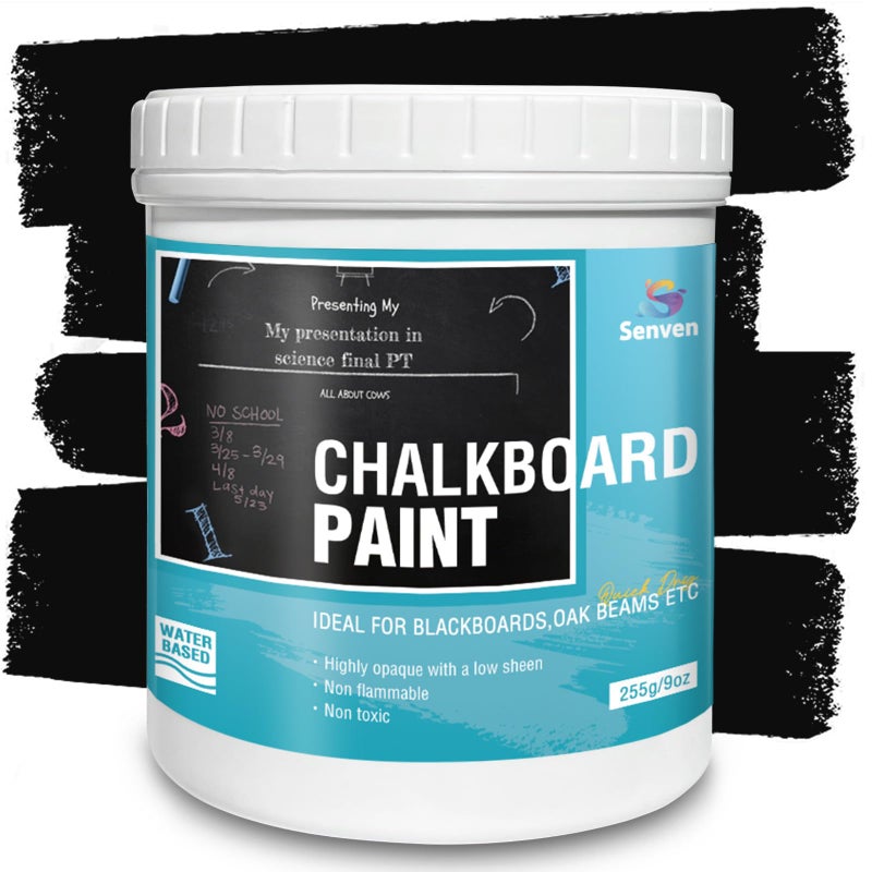 SENVEN Chalkboard Paint Black Chalk Board Paint for Wood, Metal, Glass, Wall, Plaster Boards Sign, Frame, Interior/Exterior, All-in-One Primer & Top Coat, Black Matte Finish, Acrylic, Non-Toxic, 250g, 9oz - Image 1