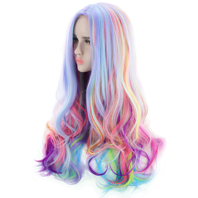 AGPTEK Full Long Curly Wavy Rainbow Hair Wig Heat Resistant Wig for Music Festival Theme Parties Wedding Concerts Dating Cosplay  More
