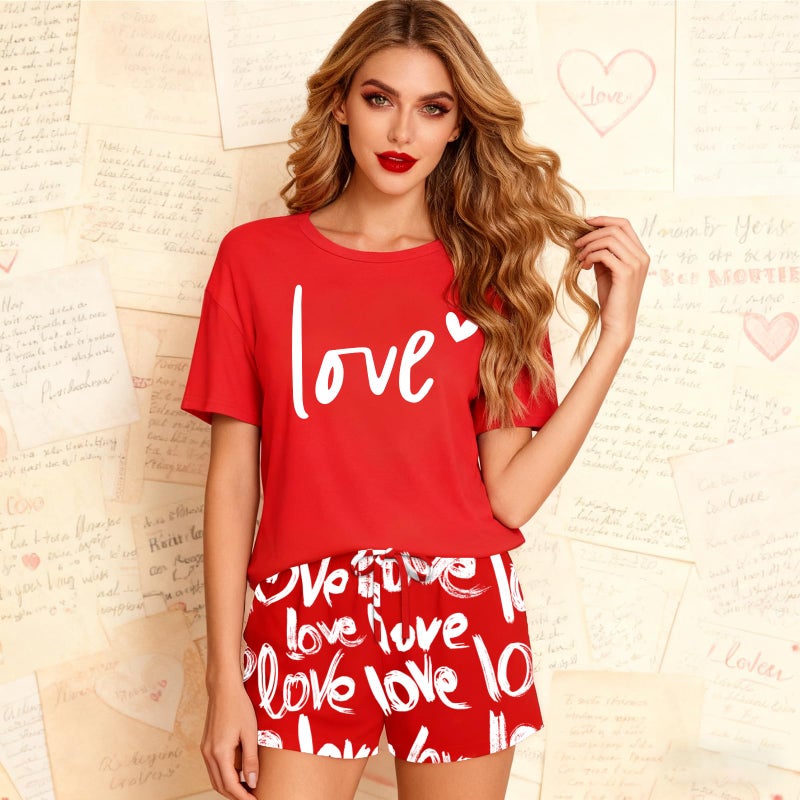 PECHAR Valentine Pajamas Women: Valentines Pjs 2 Piece Short Sleeve Heart Shirts and Pants Sleepwear Set Loungewear Red - Image 4