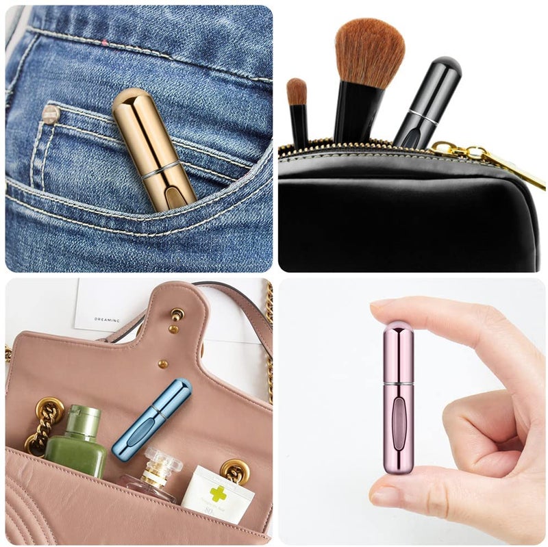 علبة بخاخ عطر متجددة صغيرة 5 قطع، عبوة بخاخ عطر فارغة محمولة، منشر عطر متنوع الألوان للسفر، غلاف مضخة عطر متجدد للسفر والخروج والحقيبة 5 مل/0.2 أونصة - Image 3
