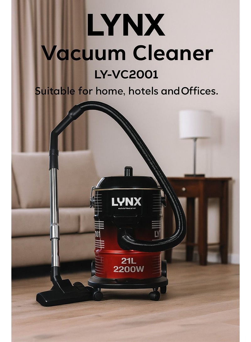 LYNX Powerful Vacuum Cleaner 2200W with 21L Metal Drum, Multi Filtration, Air Blowing, Easy Moving Wheels, Stainless Steel Tube, 2in1 Brush & Long Power Cord – LY-VC2001 - Image 5