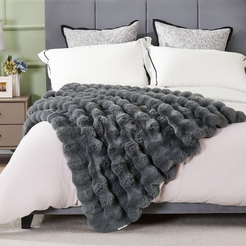 DREAMNINE Soft Fuzzy Bubble Faux Rabbit Fur Throw Blanket for Couch 50 x 60 Double Sided Long Shaggy Thick Warm Fluffy Blankets for Winter Decorative Luxury Gray Cozy Plush Cute Furry BlanketGrey