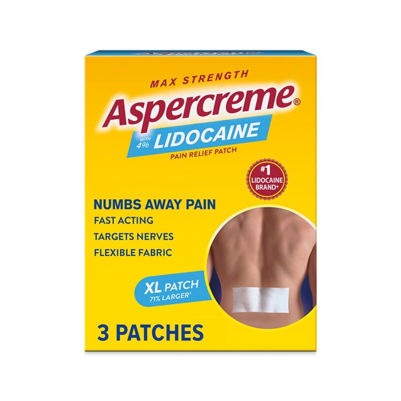 Aspercreme لصقات أسبيركريم ليدوكائين لتخفيف الألم XL للظهر والرقبة والكتف، لصقات موضعية بتركيز 4% ليدوكائين ومواد مرنة تخفف الألم، 3 قطع. - Image 1