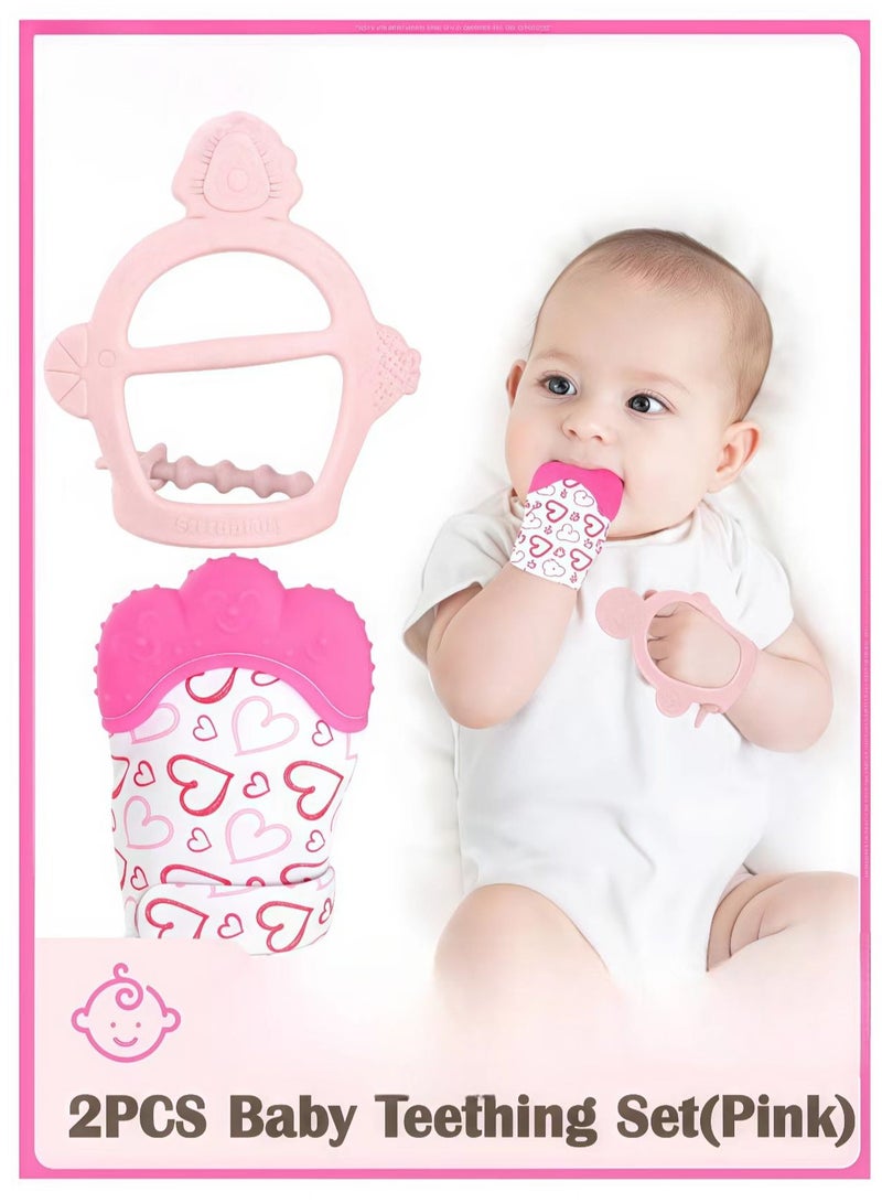 FLYHSO 2PCS Baby Teething Set, Includes Baby Chew Toy and Silicone Mitten Teether Glove, Infant Soothing Pain Relief for Baby (Pink)  - Image 1