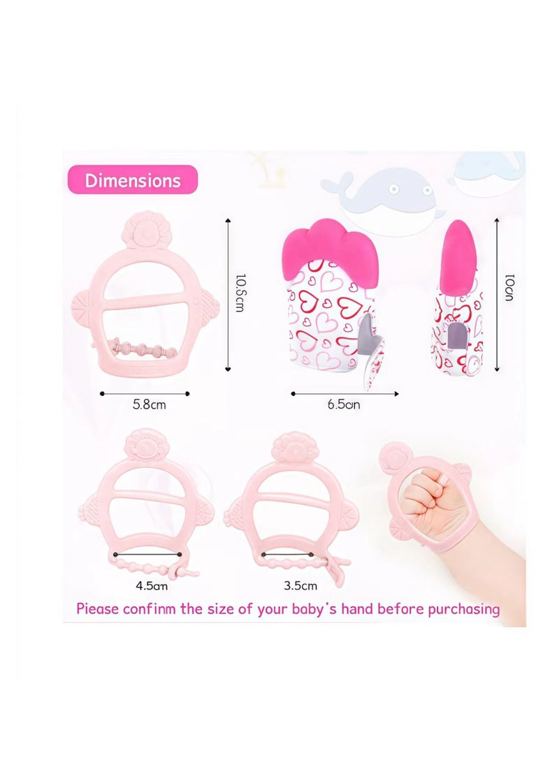 FLYHSO 2PCS Baby Teething Set, Includes Baby Chew Toy and Silicone Mitten Teether Glove, Infant Soothing Pain Relief for Baby (Pink)  - Image 2