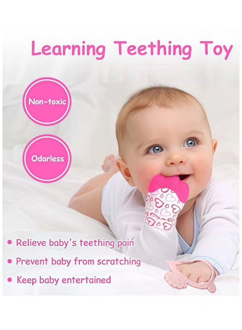 FLYHSO 2PCS Baby Teething Set, Includes Baby Chew Toy and Silicone Mitten Teether Glove, Infant Soothing Pain Relief for Baby (Pink)  - Image 5