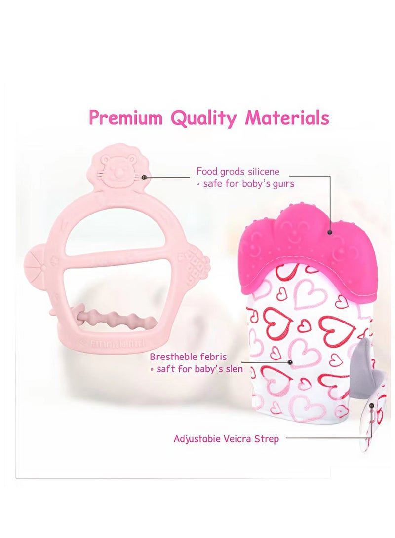 FLYHSO 2PCS Baby Teething Set, Includes Baby Chew Toy and Silicone Mitten Teether Glove, Infant Soothing Pain Relief for Baby (Pink)  - Image 4