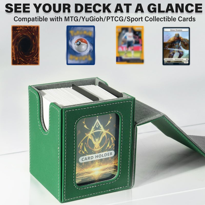Jaffzora Deck Box for MTG Commander, Magnetic Card Display Case, TCG Card Storage Box, Holds 100 Double-Sleeved Cards, Green&Gray - Image 2