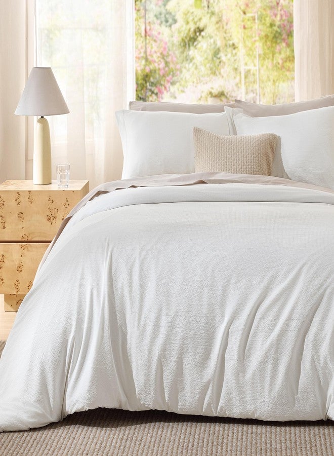 Bedsure Textured Duvet Cover King Size - Cotton-Like Polyester Jacquard Duvet Cover Set for All Seasons - 3 Pieces Elevated Textured Dobby Soft Bedding Set, NO Comforter (White, King, 104" x 90") - Image 1