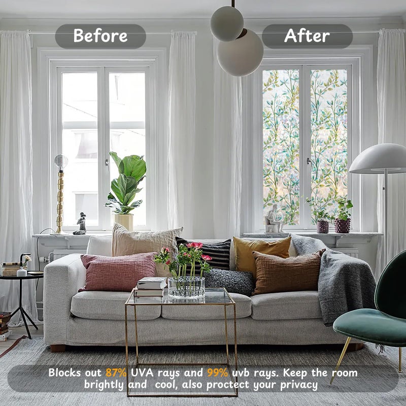 NINETREX Window Privacy Film Stained Glass Window Film 3D Decorative Cling,Sun Blocking Static Cling Removable Film for Glass Door,Home Decor Window Cover Non-Adhesive 17.5 x 78.7 inches,Leaf - Image 4