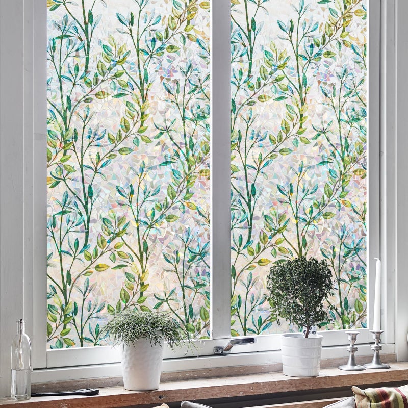 NINETREX Window Privacy Film Stained Glass Window Film 3D Decorative Cling,Sun Blocking Static Cling Removable Film for Glass Door,Home Decor Window Cover Non-Adhesive 17.5 x 78.7 inches,Leaf - Image 2