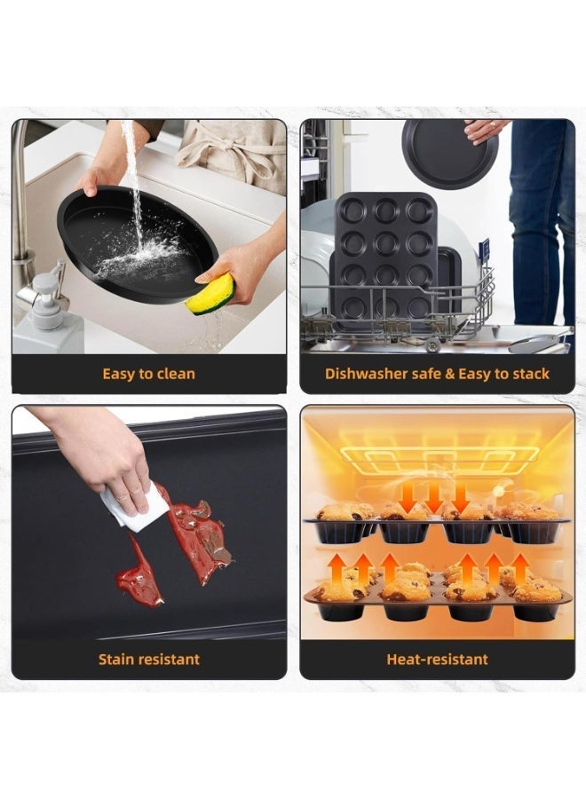 طقم صواني فرن، طقم خبز ٥ قطع مانع للالتصاق مع صواني كيك مستديرة/مربعة، صواني مافن وخبز وشواء، صواني للفرن، معدات مطبخ، صينية خبز، لوازم خبز، لون أسود - Image 4