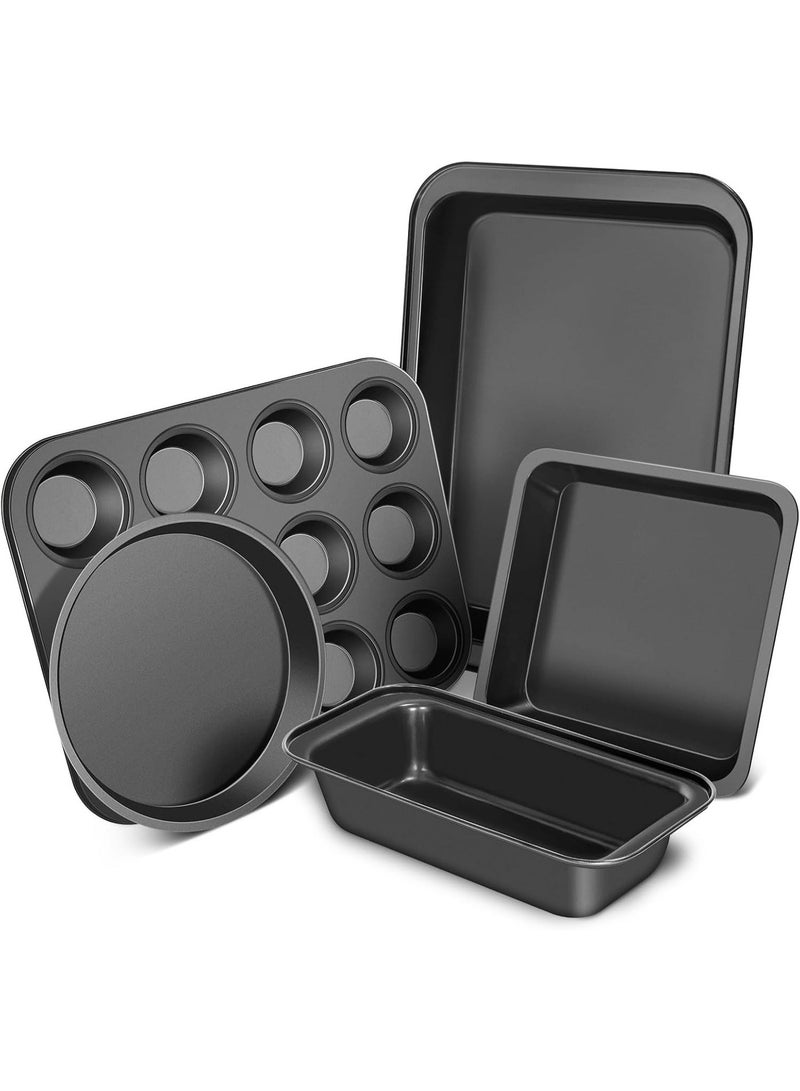 طقم صواني فرن، طقم خبز ٥ قطع مانع للالتصاق مع صواني كيك مستديرة/مربعة، صواني مافن وخبز وشواء، صواني للفرن، معدات مطبخ، صينية خبز، لوازم خبز، لون أسود - Image 1