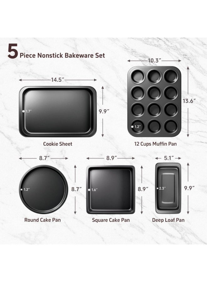 طقم صواني فرن، طقم خبز ٥ قطع مانع للالتصاق مع صواني كيك مستديرة/مربعة، صواني مافن وخبز وشواء، صواني للفرن، معدات مطبخ، صينية خبز، لوازم خبز، لون أسود - Image 2