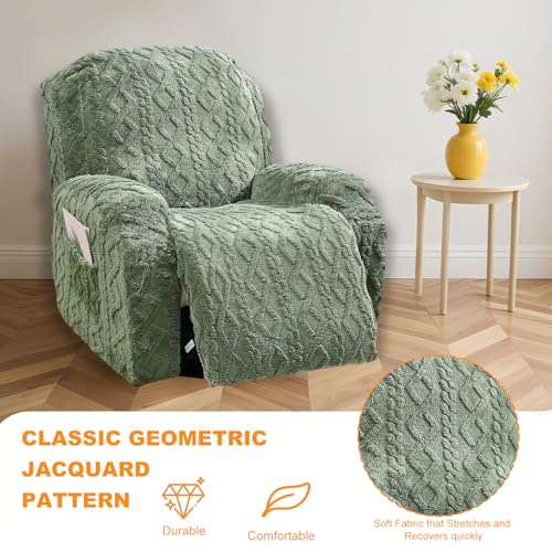 Master Pink 4 Pieces Large Recliner Chair Covers, Geometric Jacquard Plush Recliner Slipcovers, Couch Sofa Covers, Soft Fuzzy Fluffy Anti-Slip Furniture Protector for Cats Dogs Elastic Bottom (Green,1 Seat) - Image 4