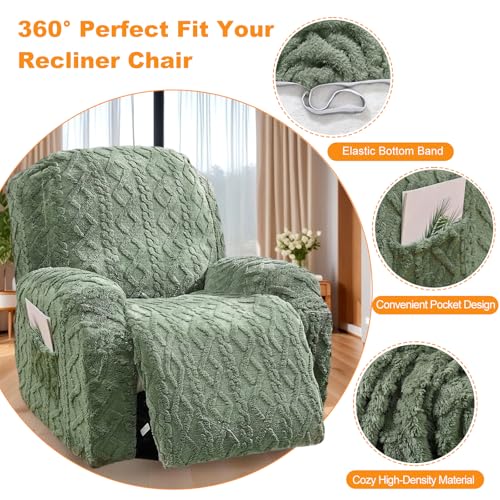 Master Pink 4 Pieces Large Recliner Chair Covers, Geometric Jacquard Plush Recliner Slipcovers, Couch Sofa Covers, Soft Fuzzy Fluffy Anti-Slip Furniture Protector for Cats Dogs Elastic Bottom (Green,1 Seat) - Image 3