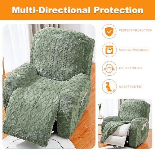 Master Pink 4 Pieces Large Recliner Chair Covers, Geometric Jacquard Plush Recliner Slipcovers, Couch Sofa Covers, Soft Fuzzy Fluffy Anti-Slip Furniture Protector for Cats Dogs Elastic Bottom (Green,1 Seat) - Image 5