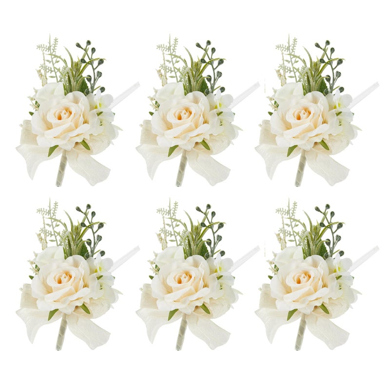 Meldel Champagne Boutonniere for Men - Set of 6, Rose Groomsmen Boutonniere for Wedding, Prom, Homecoming, Party, Vintage Occasions - Image 1