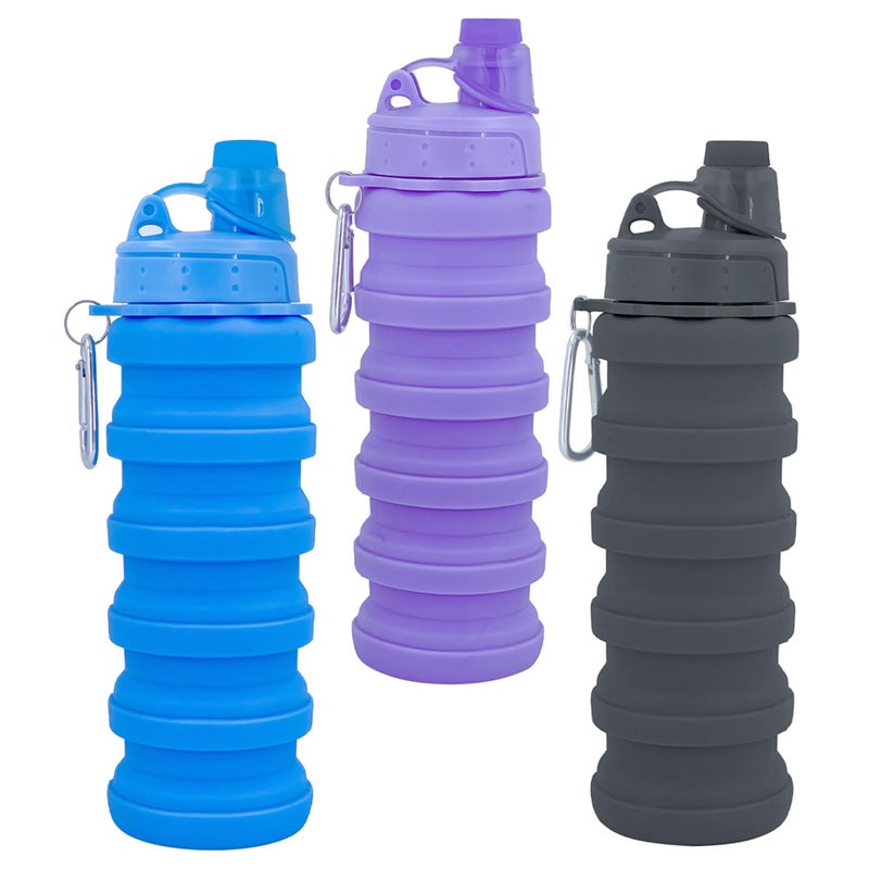YCTMALL Collapsible Water Bottles Three Pack Travel Sports Portable Sport Water Bottle comes with mountaineering Buckle 500ml silicone Water-proof camping water bottle (Blue+Grey+Purple Color) - Image 1