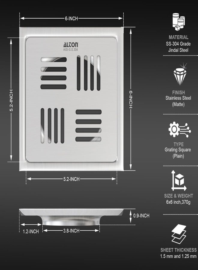 ALTON ALD1001, SS-304 Grade, 6x6 INCH Plain, Bathroom Grating Square Floor Drain Jali, Matte - Image 1