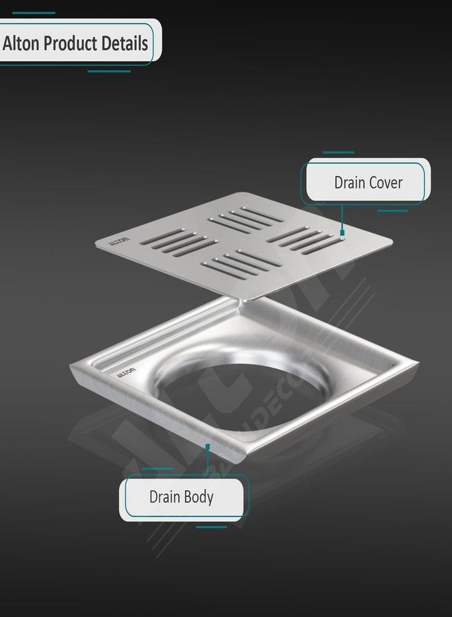 ALTON ALD1001, SS-304 Grade, 6x6 INCH Plain, Bathroom Grating Square Floor Drain Jali, Matte - Image 2