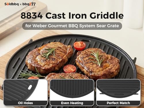 bbq777 8834 Cast Iron Griddle for Weber Gourmet BBQ System Sear Grate, Griddle for 22-inch Weber Kettle Premium/Charcoal Grill 22" Smokers, for Kettle Charcoal Grill Grate 22 inch Diameter 12" - Image 3