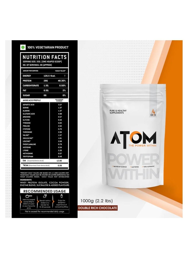 AS-IT-IS ATOM Whey Protein 1kg with Digestive Enzymes | Double Rich Chocolate | 27g protein | 5.7g BCAA |