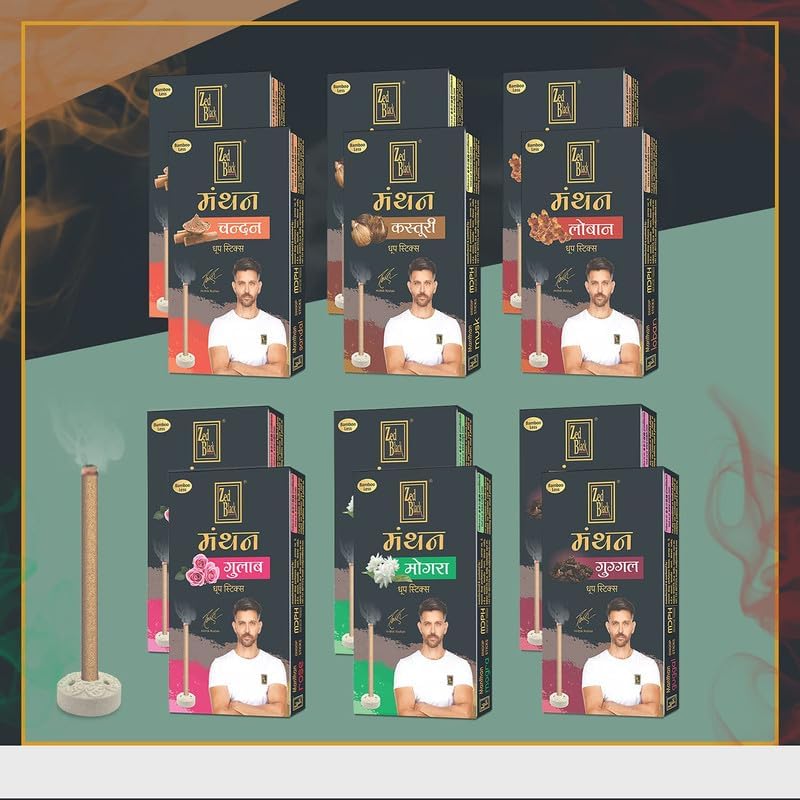 Zed Black Manthan Dhoop Sticks in 6 Fragrances - Mogra, Guggal, Chandan, Gulab, Loban & Kasturi - Pack of 12 Bamboo Less Incense Sticks (120 Units) - Image 2