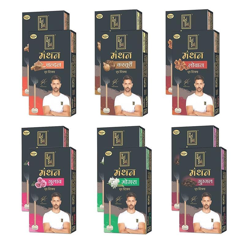 Zed Black Manthan Dhoop Sticks in 6 Fragrances - Mogra, Guggal, Chandan, Gulab, Loban & Kasturi - Pack of 12 Bamboo Less Incense Sticks (120 Units) - Image 1