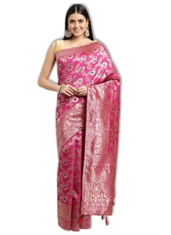 leeza store Women's Pink Multicolor Soft Silk Blend Banarasi Saree With Blouse Piece Feature Traditional Floral Patterns, Ethnic Motifs, And Golden Zari Pallu Patola Ethnic Motif