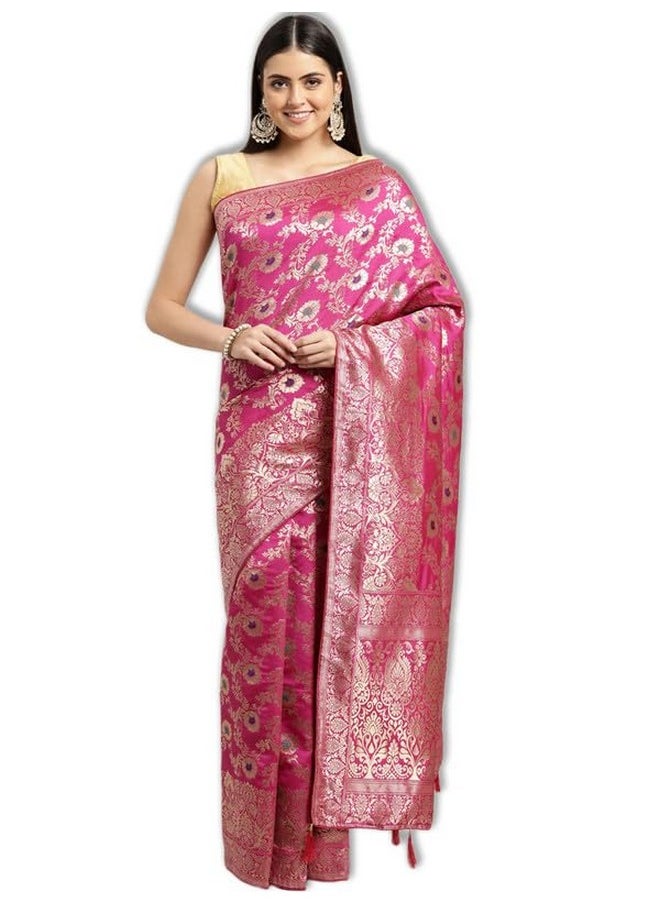 Leeza Store - leeza store Women's Pink Multicolor Soft Silk Blend Banarasi Saree With Blouse Piece Feature Traditional Floral Patterns, Ethnic Motifs, And Golden Zari Pallu Patola Ethnic Motif - Image 1