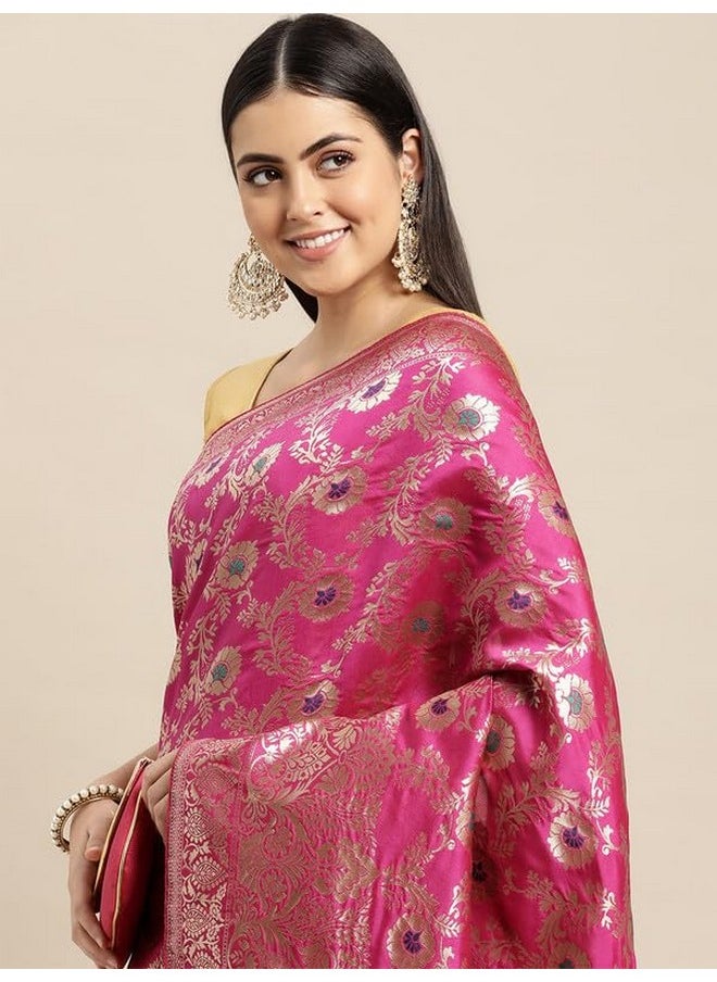 Leeza Store - leeza store Women's Pink Multicolor Soft Silk Blend Banarasi Saree With Blouse Piece Feature Traditional Floral Patterns, Ethnic Motifs, And Golden Zari Pallu Patola Ethnic Motif - Image 1