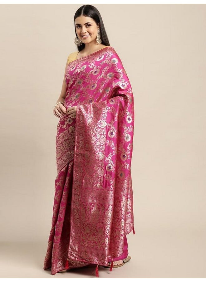 Leeza Store - leeza store Women's Pink Multicolor Soft Silk Blend Banarasi Saree With Blouse Piece Feature Traditional Floral Patterns, Ethnic Motifs, And Golden Zari Pallu Patola Ethnic Motif - Image 1