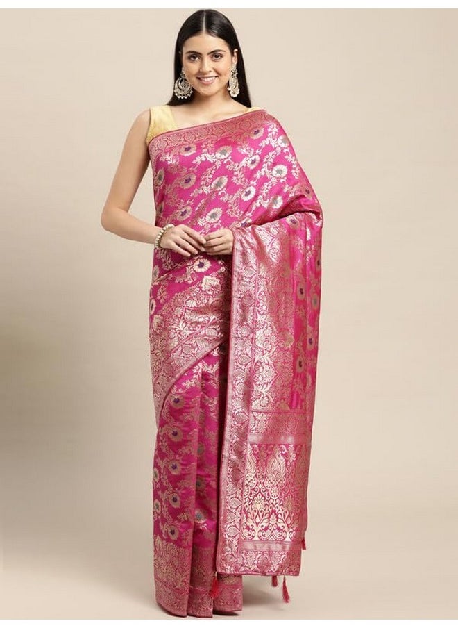 Leeza Store - leeza store Women's Pink Multicolor Soft Silk Blend Banarasi Saree With Blouse Piece Feature Traditional Floral Patterns, Ethnic Motifs, And Golden Zari Pallu Patola Ethnic Motif - Image 1