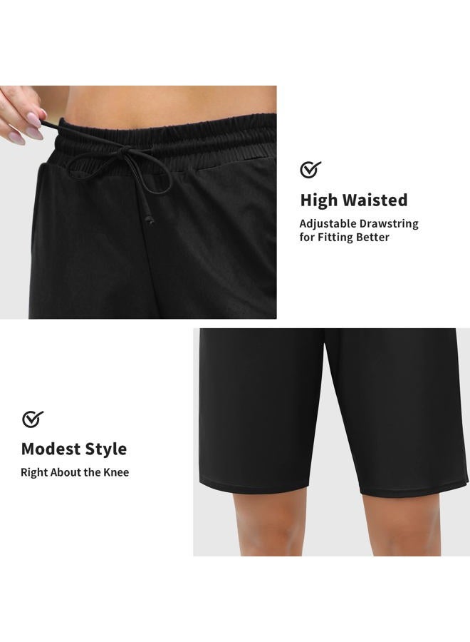 ALove Women's 9" Swim Shorts High Waisted Swim Board Shorts with Pockets UPF 50+ Swimsuit Bottoms Built-in Brief, Black, L - Image 4