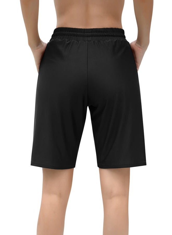 ALove Women's 9" Swim Shorts High Waisted Swim Board Shorts with Pockets UPF 50+ Swimsuit Bottoms Built-in Brief, Black, L - Image 2