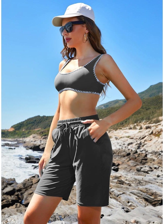 ALove Women's 9" Swim Shorts High Waisted Swim Board Shorts with Pockets UPF 50+ Swimsuit Bottoms Built-in Brief, Black, L - Image 3