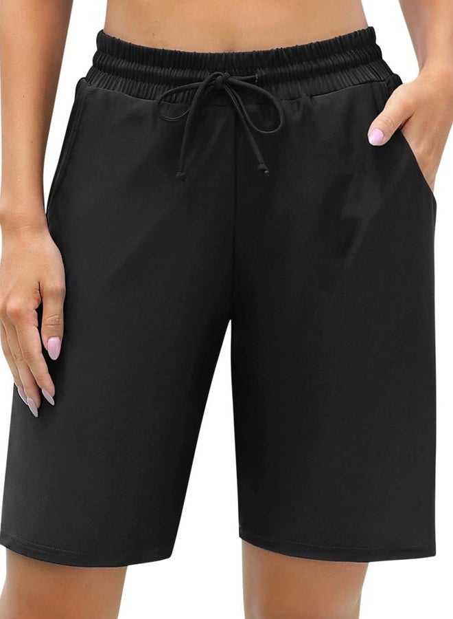 ALove Women's 9" Swim Shorts High Waisted Swim Board Shorts with Pockets UPF 50+ Swimsuit Bottoms Built-in Brief, Black, L - Image 1