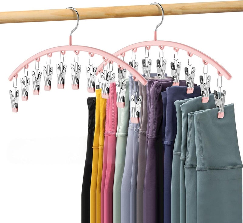 2 Pack Space Saving Metal Legging Organizer Hangers with 20 Rubber Coated Clips - Pink - Image 1