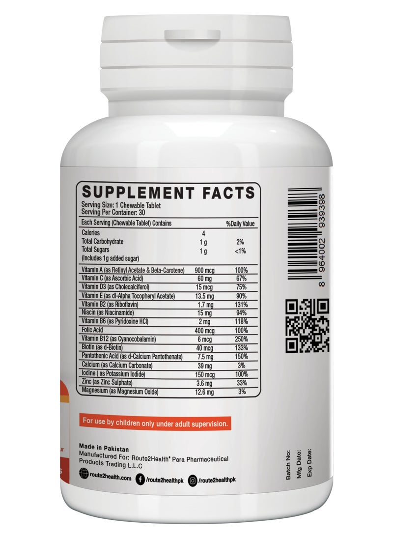 Route2Health Route 2 Health Multivitamins for Kids – 30 Chewable Tablets, Pineapple & Orange Flavor – Essential Nutrients: Vitamins A, C, D3, E, B6, B12, Calcium, Zinc, & Magnesium for Growth & Immunity - Image 3