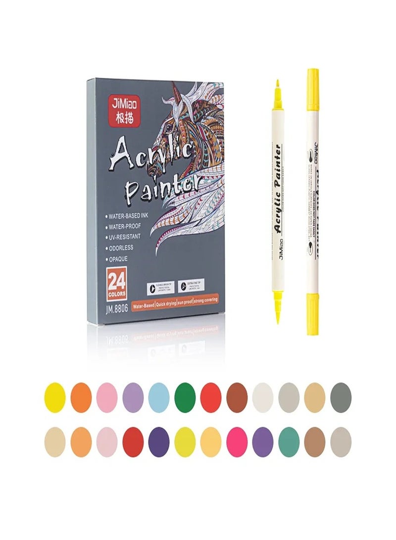 جيم آي أو مجموعة اقلام اكريليك 24 ألوان مزدوجة تلميح الاكريليك الطلاء أقلام فرشاة لينة/اضافية غرامة الفن الطلاء علامات لعيد الميلاد روك اللوحة ، الخشب ، المعادن ، البلاستيك - Image 1