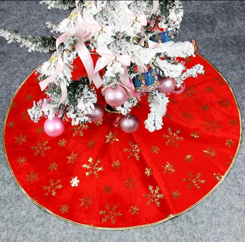 Luxury Christmas Tree Skirt, Red with Gold Snowflakes Ornaments, Traditional Tree Base for Decor, 120cm Diameter, with Pink Balls - Image 4