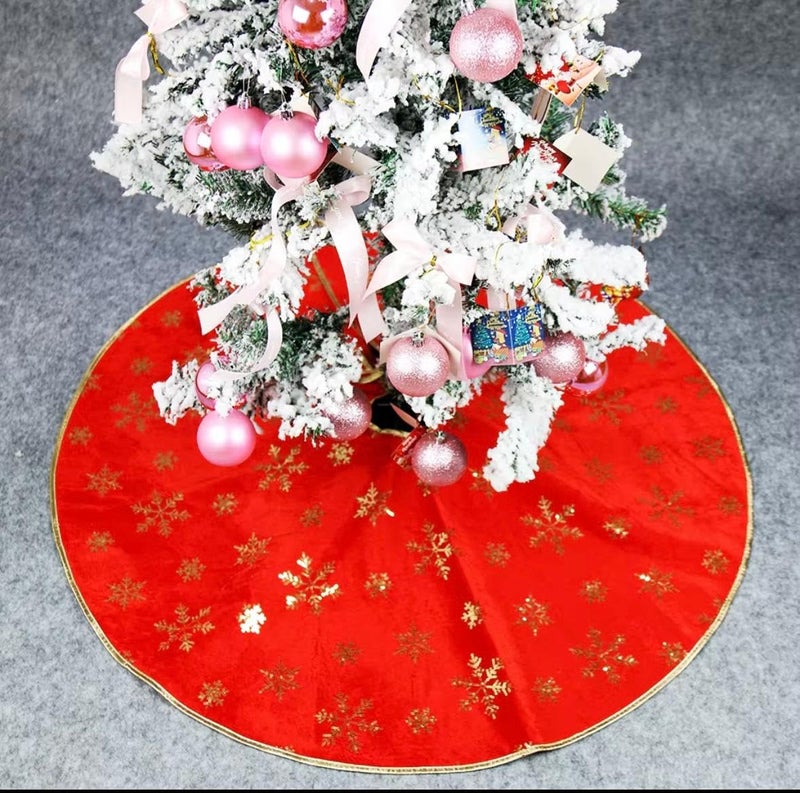 Luxury Christmas Tree Skirt, Red with Gold Snowflakes Ornaments, Traditional Tree Base for Decor, 120cm Diameter, with Pink Balls - Image 1