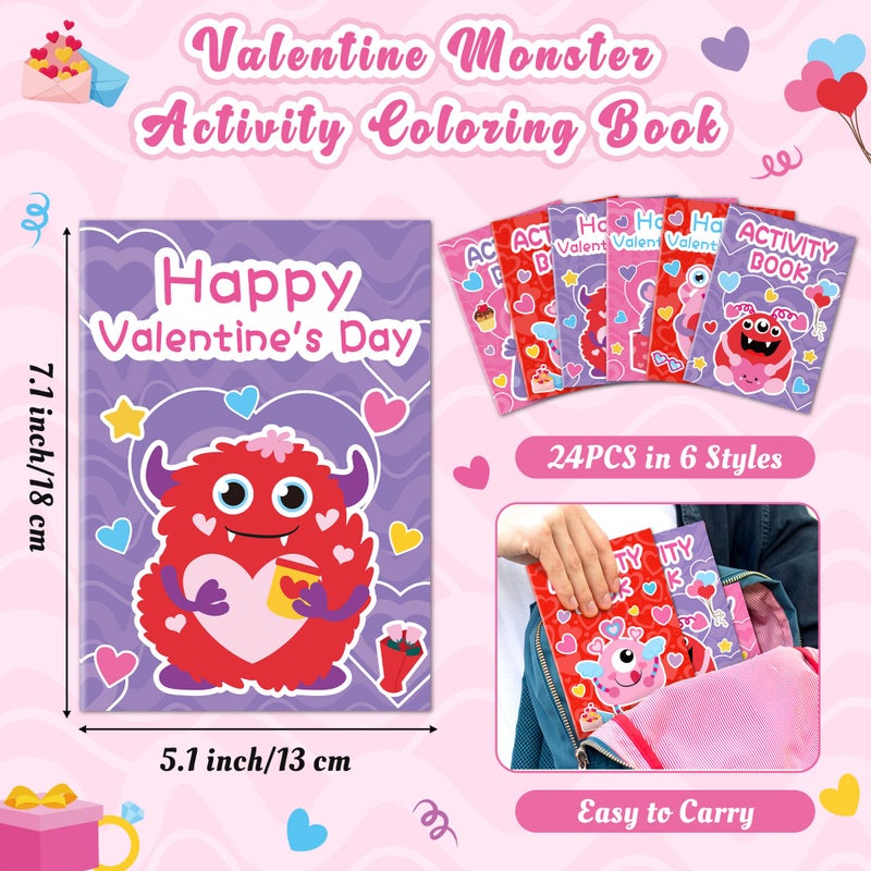 JAPBOR Valentine's Day Activity Coloring Book - 24PCS Mini Valentine Monster Activities Color Books Bulk for Kid Party Favor, Monsters Small Colouring Pages for Birthday Gifts Class Draw Paint Games - Image 2