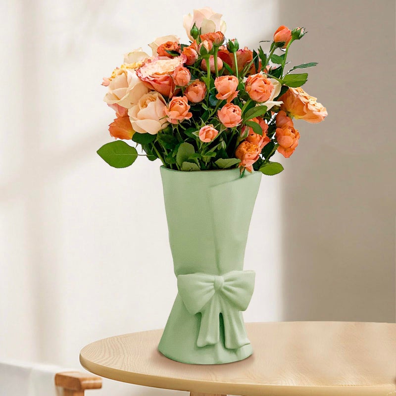 Relexome Green Ceramic Bow Vase 9.64 in Unique Cute Modern Decorative Bouquet Flower Vases for Home Living Room Table Decor Women Girl Gifts - Image 1