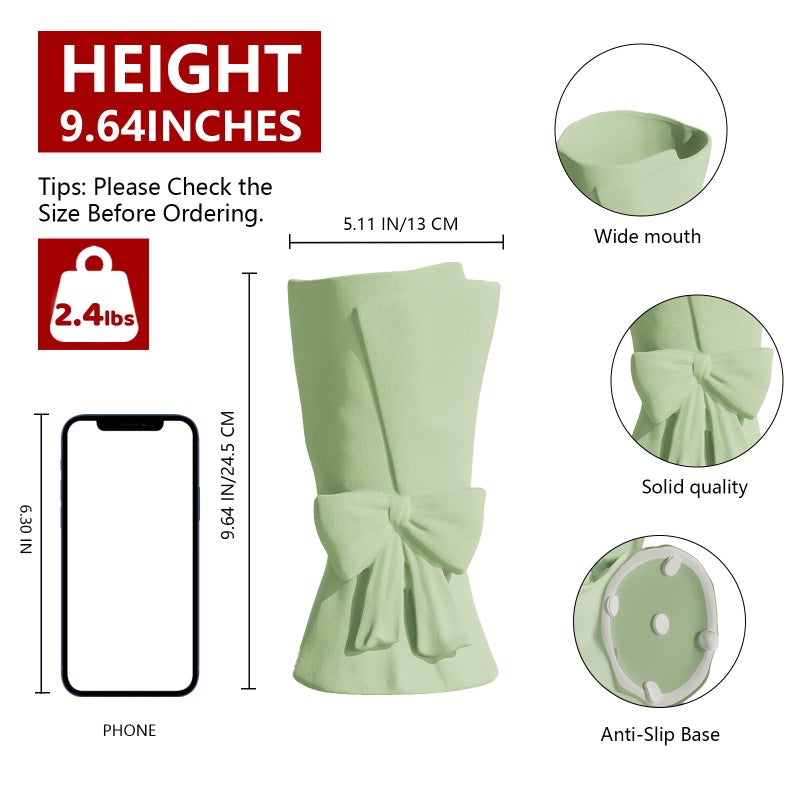 Relexome Green Ceramic Bow Vase 9.64 in Unique Cute Modern Decorative Bouquet Flower Vases for Home Living Room Table Decor Women Girl Gifts - Image 2